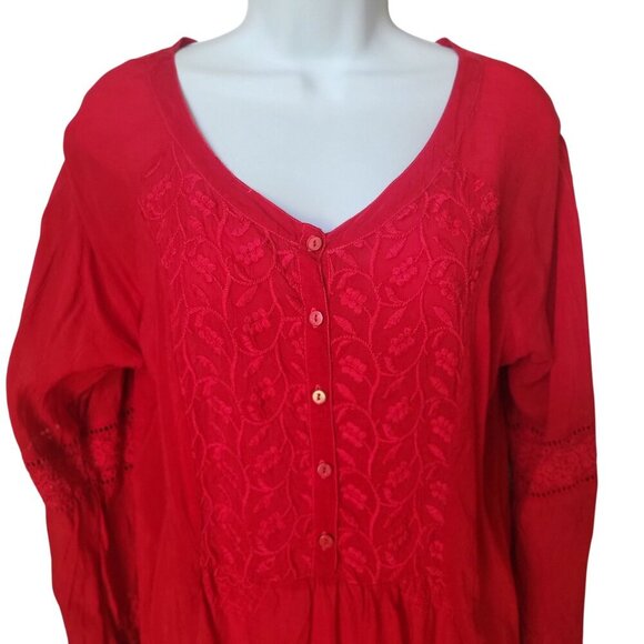 Johnny Was Red Embroidered Button-Front Long Sleeve Tunic Blouse Size S - Picture 4 of 12